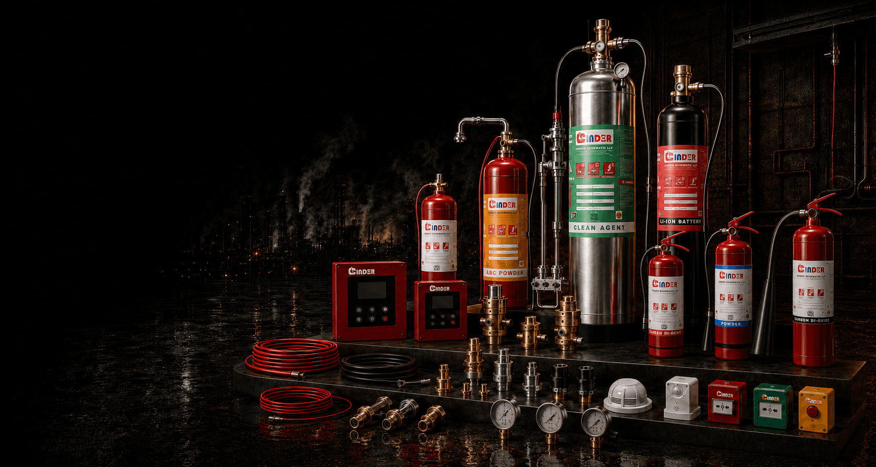 Cinder fire suppression cylinders, extinguishers and system components